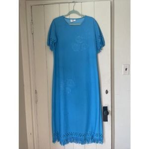 Women's Vintage 90's MaxiMa Blue Fringe Rose Short Sleeve Maxi Dress